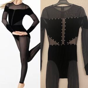 WEISSMAN Elite Dance Costume black Velvet Illusion Unitard rhinestone V12241 SA